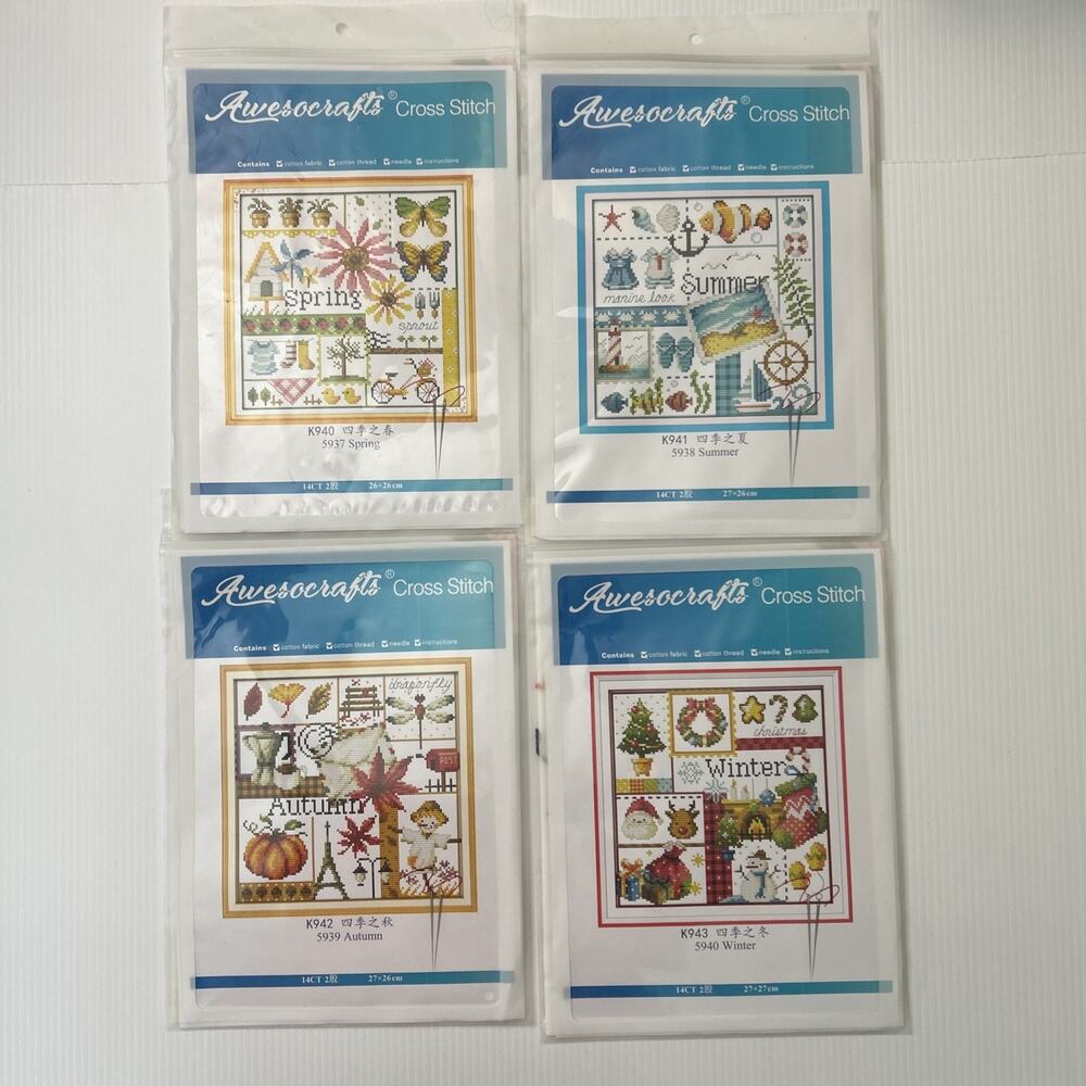 (4) Cross Stitch Kits 14CT Seasons Spring Summer Fall Winter NEW Country Decor